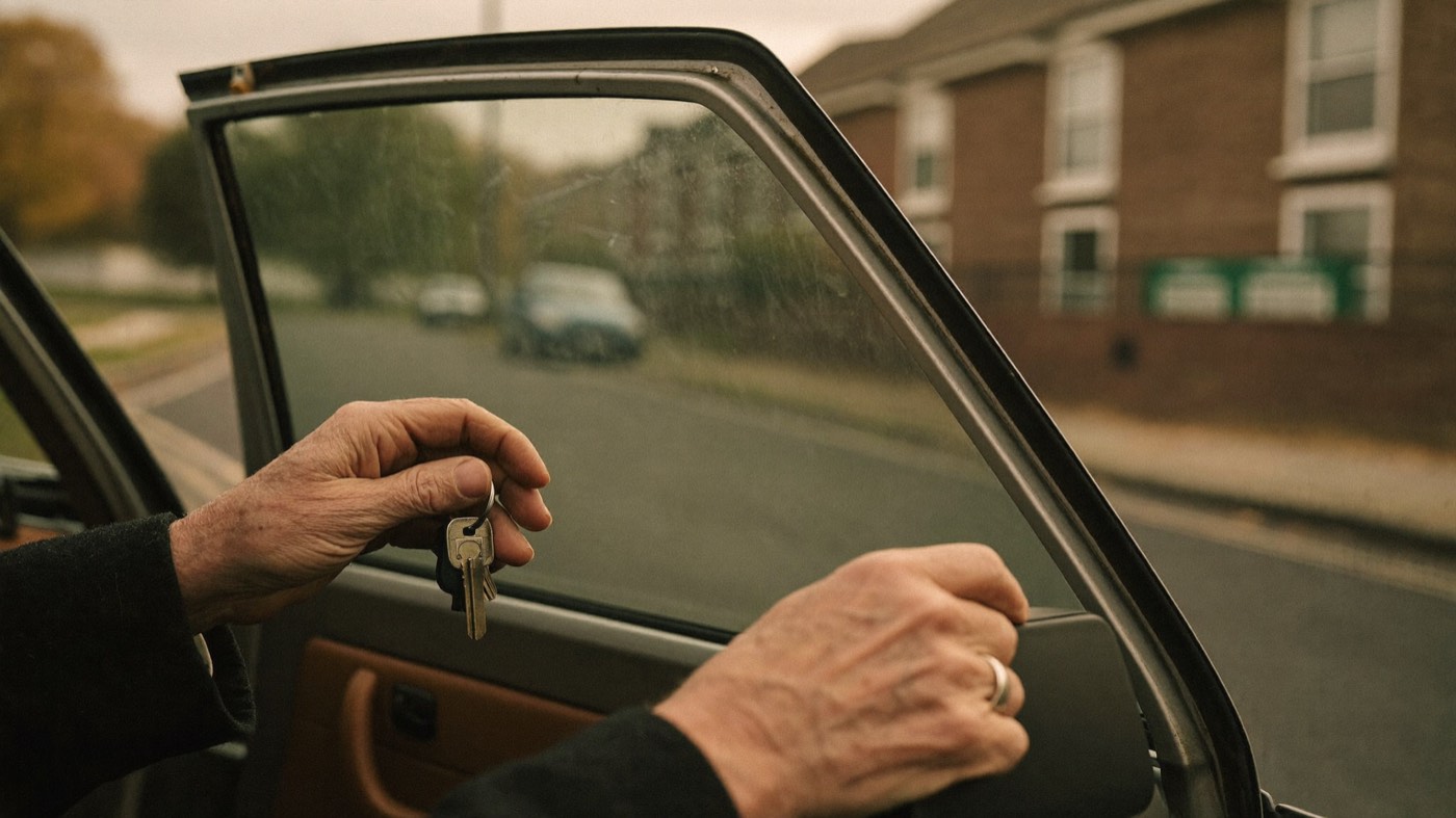An older driver holding car keys beside an open car door on a quiet street